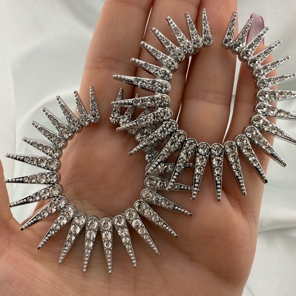 Lux! Silver Spike Rhinestone Hoop Earring – 40mm Statement Sparkle Circle - Picture 10 of 14